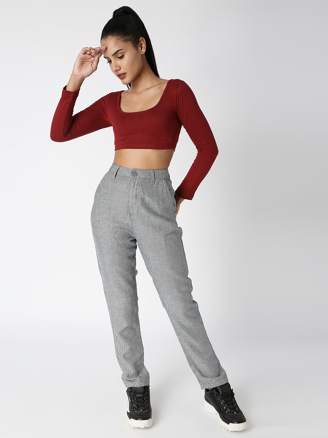 Disrupt Women Maroon Classy Long Sleeve Slim Fit Crop Top