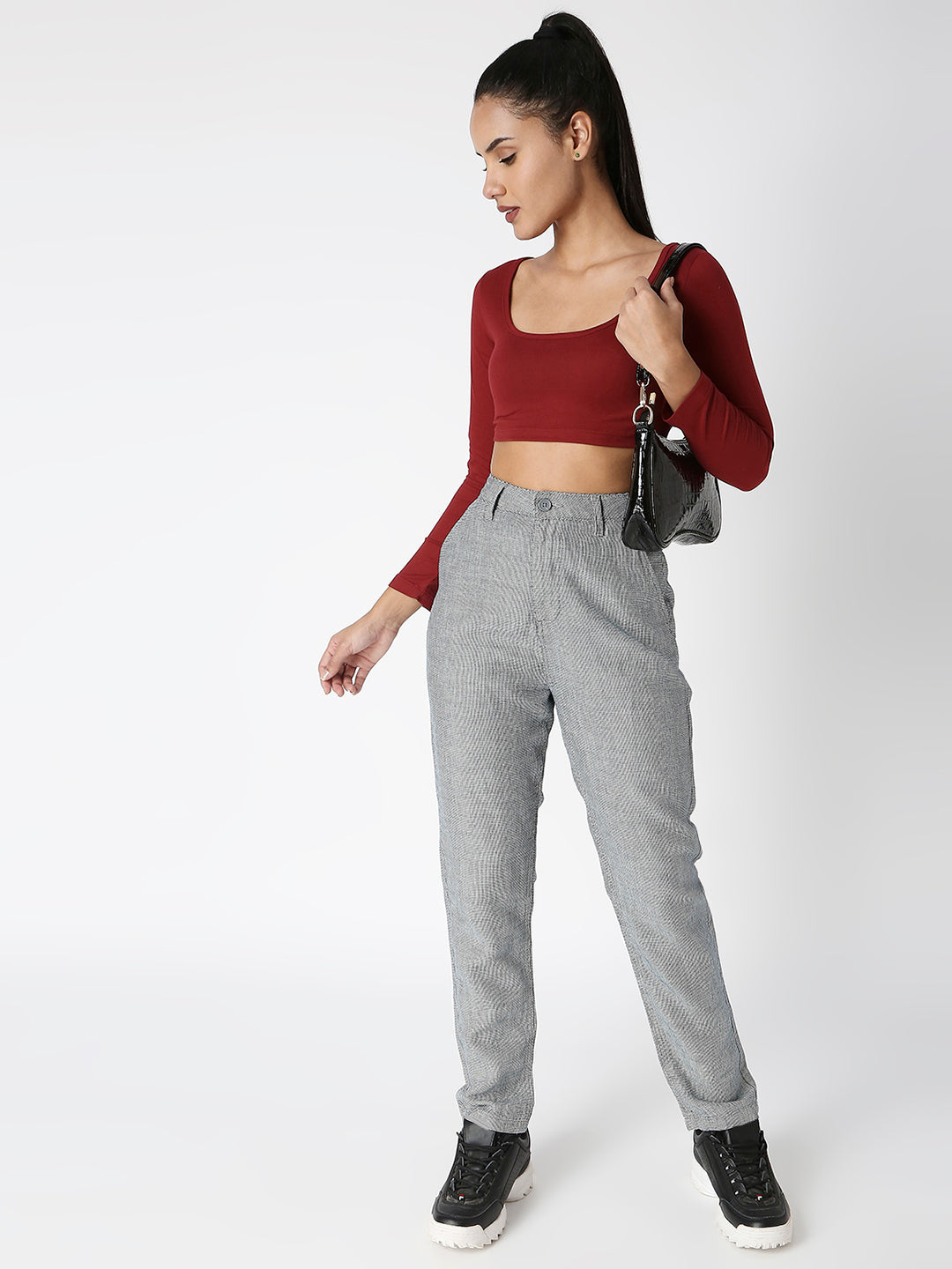 Disrupt Women Maroon Classy Long Sleeve Slim Fit Crop Top
