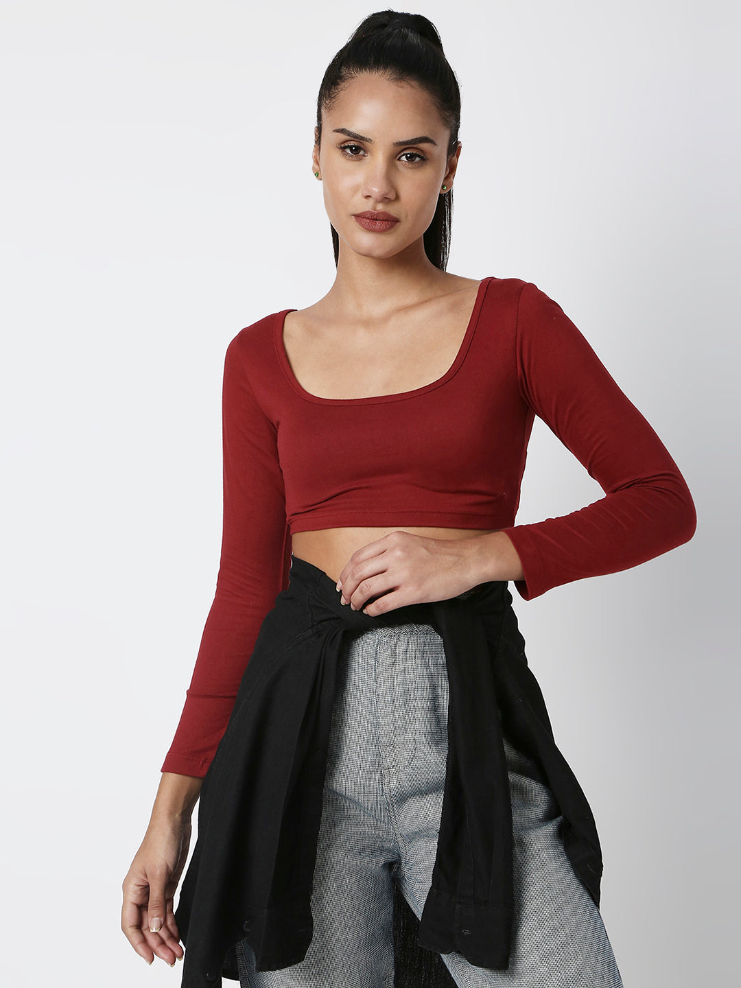 Disrupt Women Maroon Classy Long Sleeve Slim Fit Crop Top