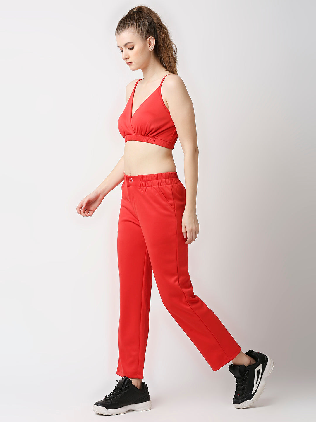 Disrupt Women Red Straight Pants With Bralette Crop Top Co-rd Set (2pc)