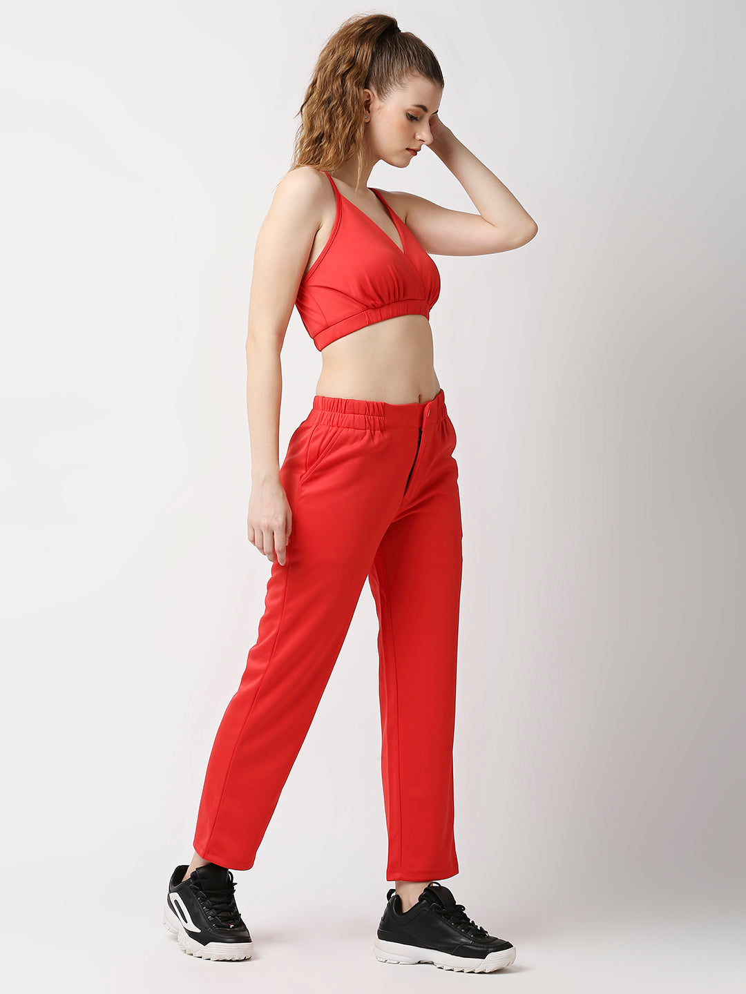 Disrupt Women Red Straight Pants With Bralette Crop Top Co-rd Set (2pc)