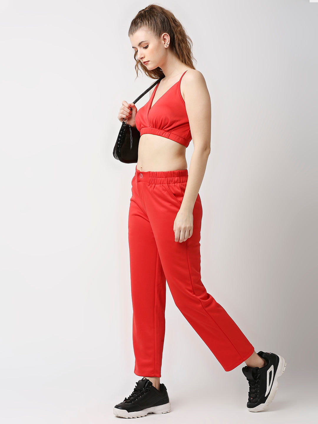 Disrupt Women Red Straight Pants With Bralette Crop Top Co-rd Set (2pc)