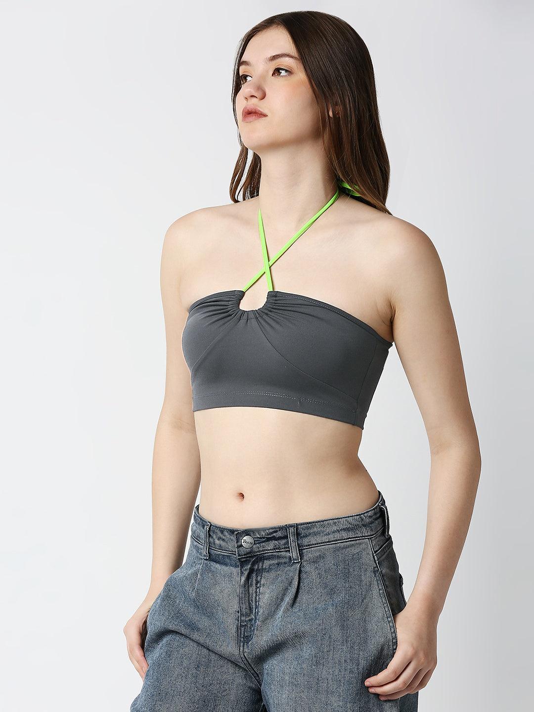 Disrupt Women Charcoal Rouched Cross Front Halter Neck Tie-Up Crop Top
