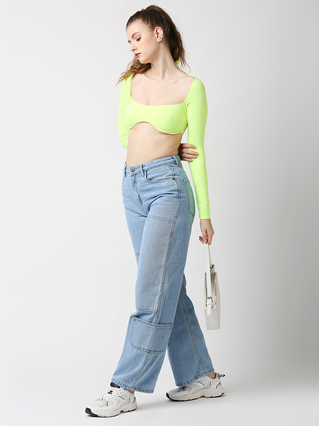 Disrupt Women Neon Green Wide Square Neck Slim Fit Padded Super Crop Top