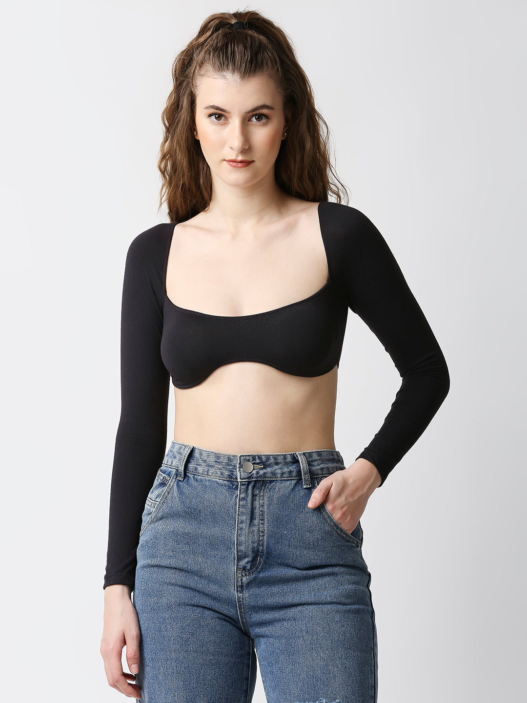 Disrupt Women Black Wide Square Neck Slim Fit Padded Super Crop Top
