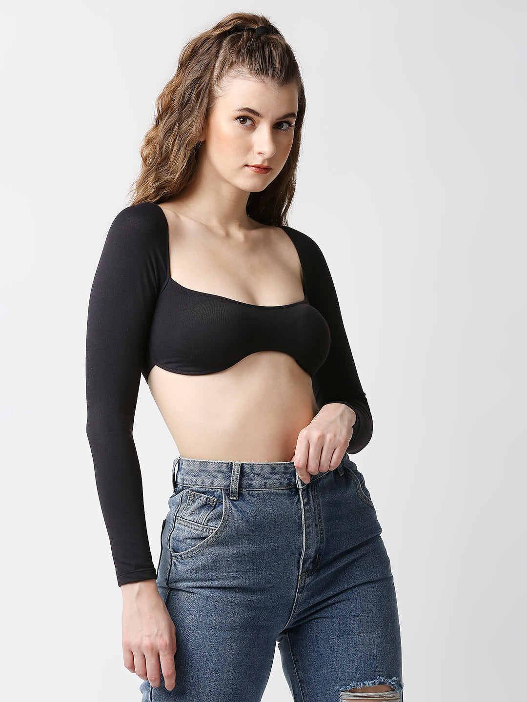 Disrupt Women Black Wide Square Neck Slim Fit Padded Super Crop Top