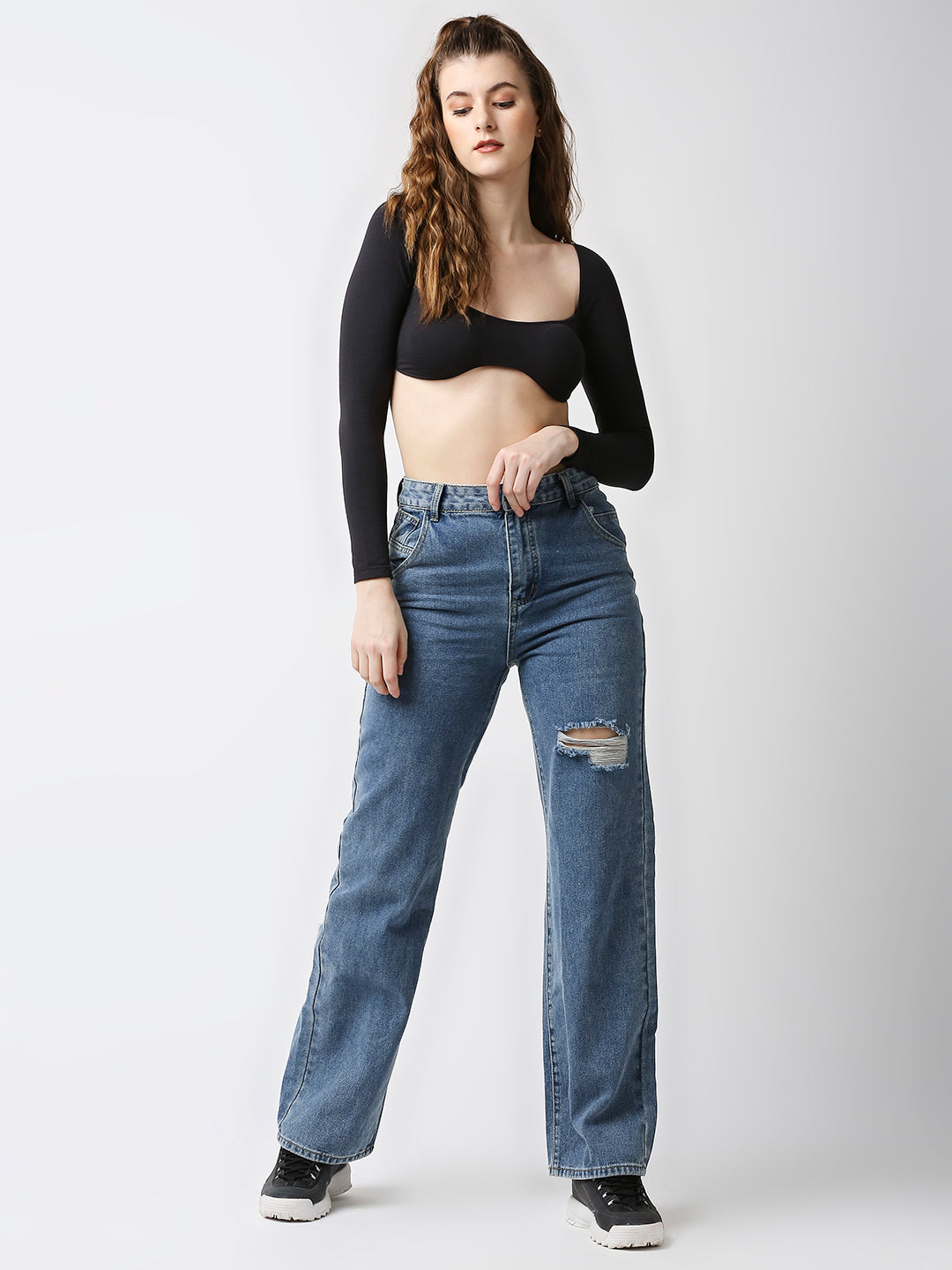 Disrupt Women Black Wide Square Neck Slim Fit Padded Super Crop Top