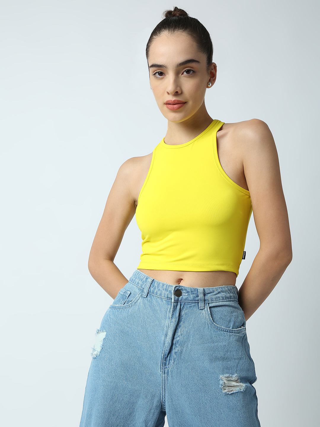 Disrupt Women Yellow Racer Back High Neck Slim Fit Smart Crop Top