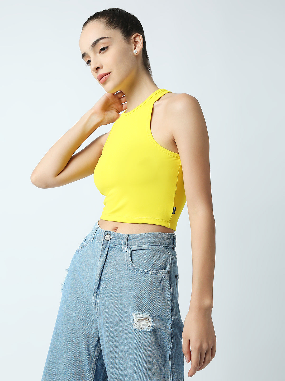Disrupt Women Yellow Racer Back High Neck Slim Fit Smart Crop Top