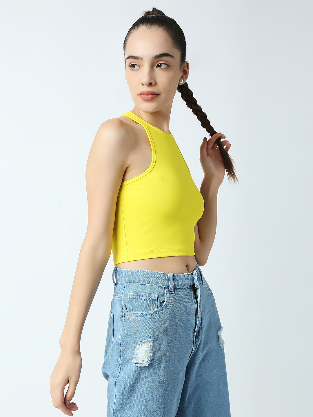 Disrupt Women Yellow Racer Back High Neck Slim Fit Smart Crop Top