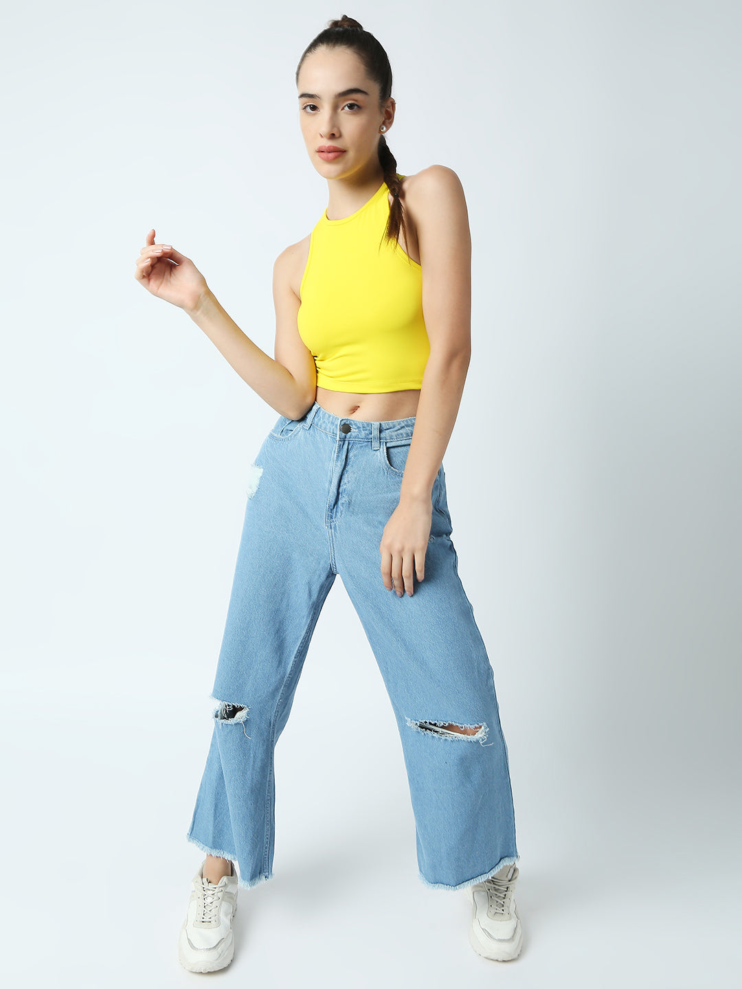 Disrupt Women Yellow Racer Back High Neck Slim Fit Smart Crop Top