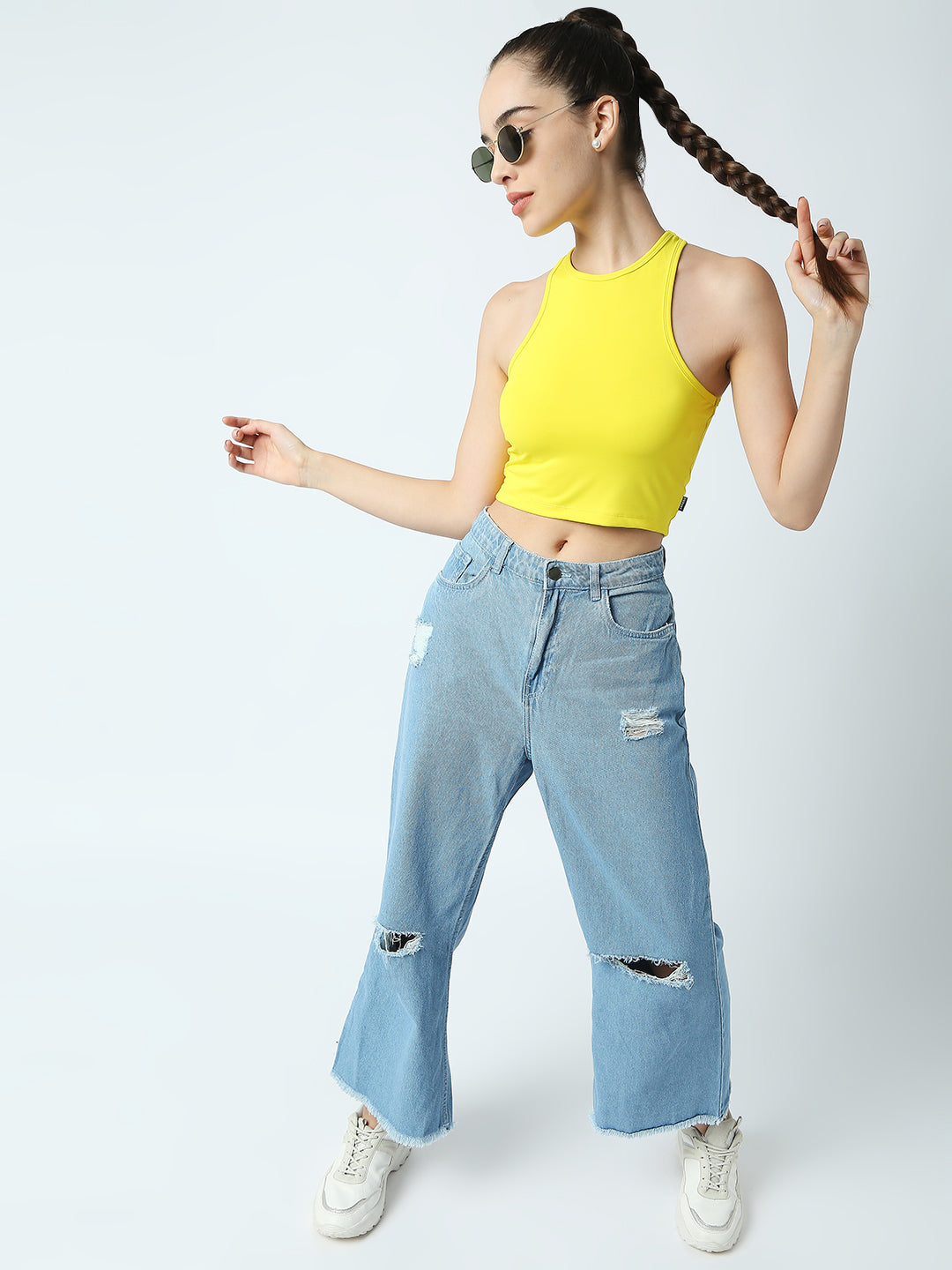 Disrupt Women Yellow Racer Back High Neck Slim Fit Smart Crop Top