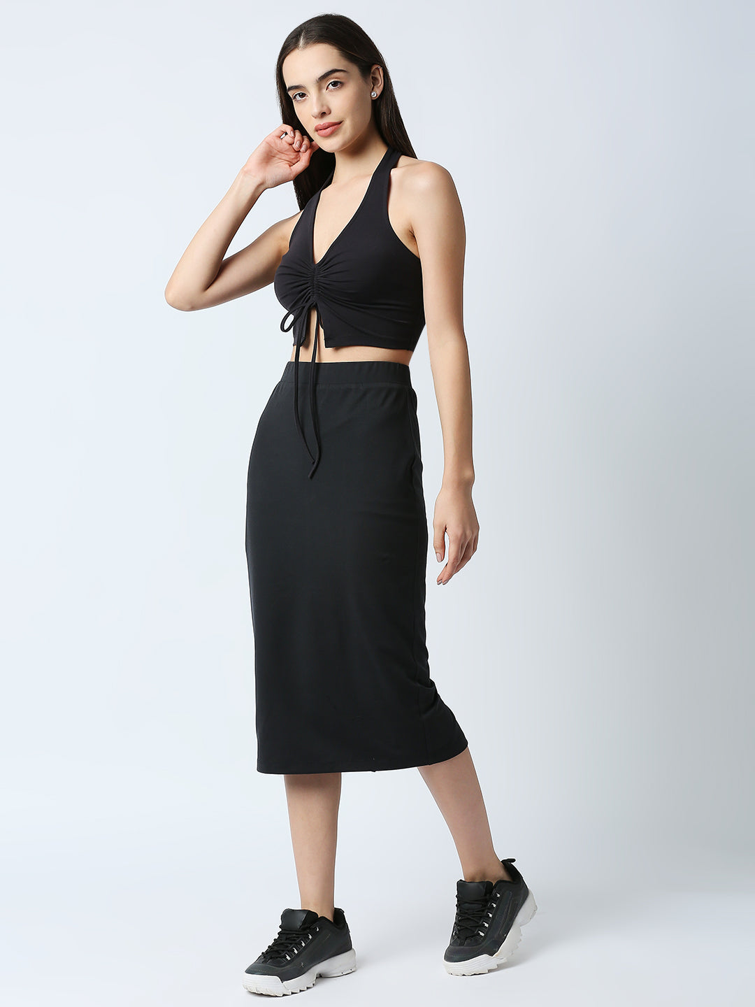 Disrupt Women Black Drawstring Crop Top With Skirt 2pc Co-ord Set