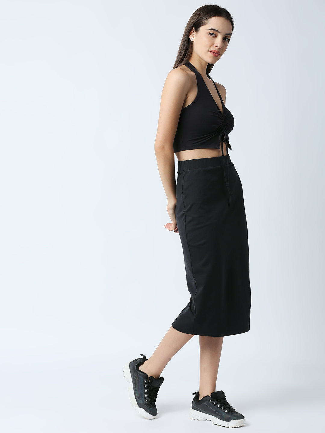 Disrupt Women Black Drawstring Crop Top With Skirt 2pc Co-ord Set