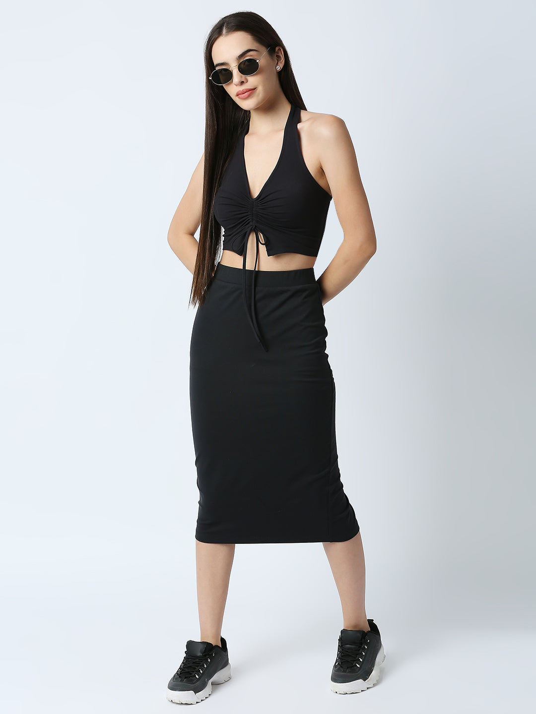 Disrupt Women Black Drawstring Crop Top With Skirt 2pc Co-ord Set