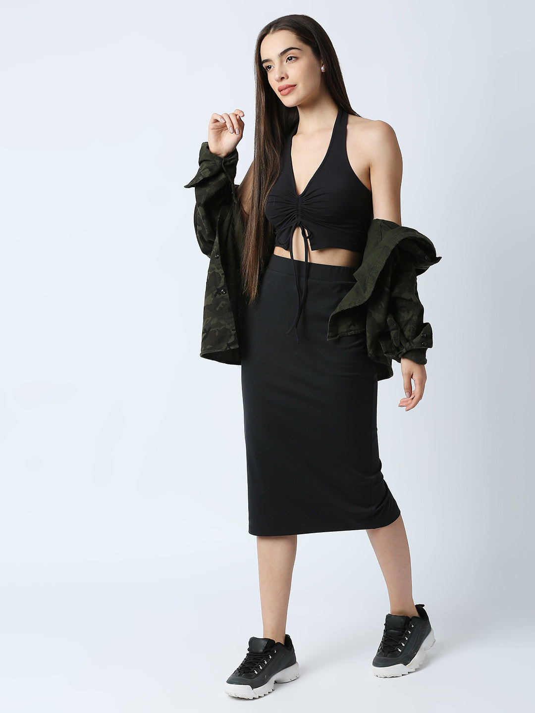 Disrupt Women Black Drawstring Crop Top With Skirt 2pc Co-ord Set
