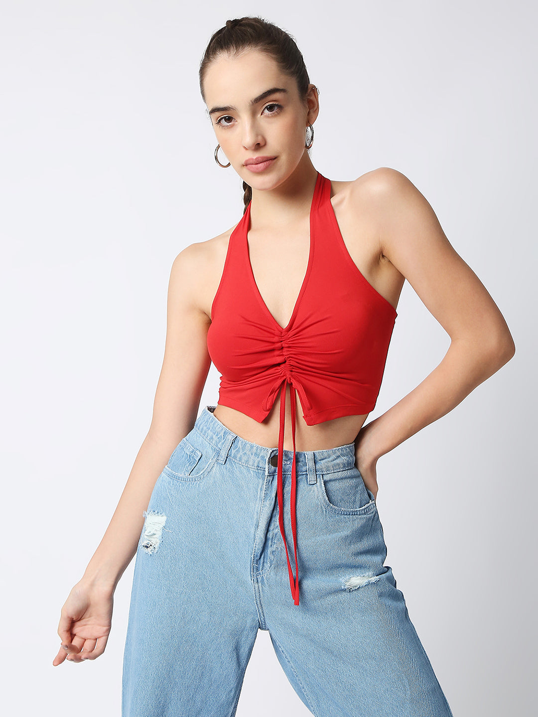 Disrupt Women Red Front Drawstring Halter V Neck Black Slim Fit Crop Top
