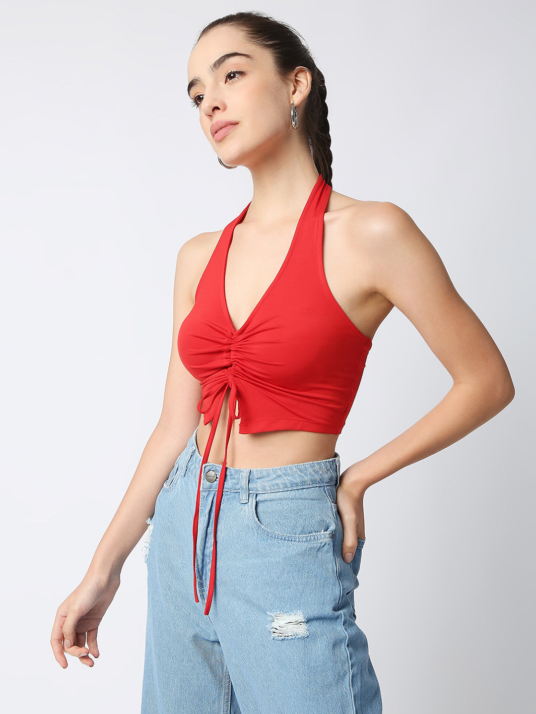 Disrupt Women Red Front Drawstring Halter V Neck Black Slim Fit Crop Top
