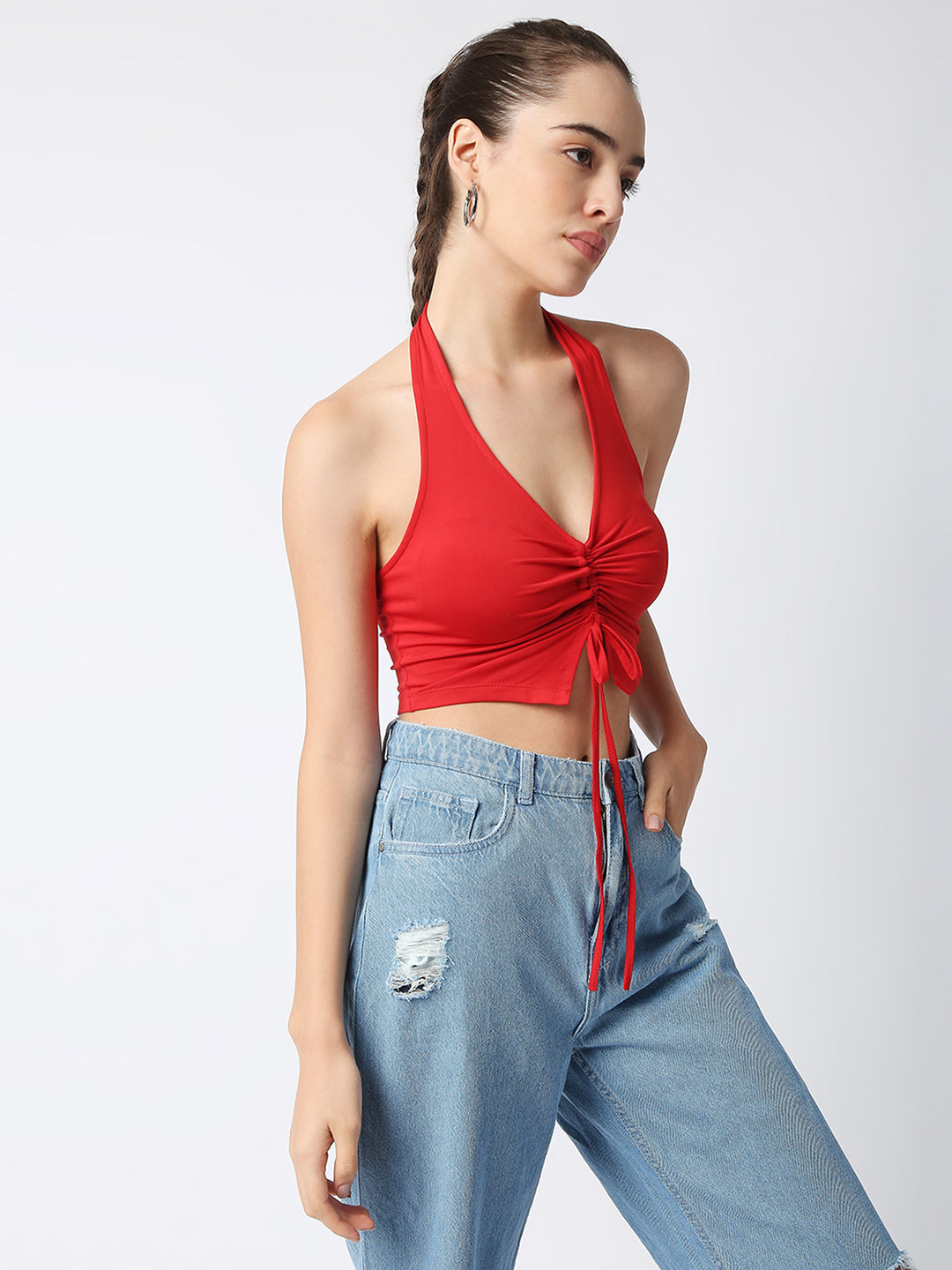 Disrupt Women Red Front Drawstring Halter V Neck Black Slim Fit Crop Top