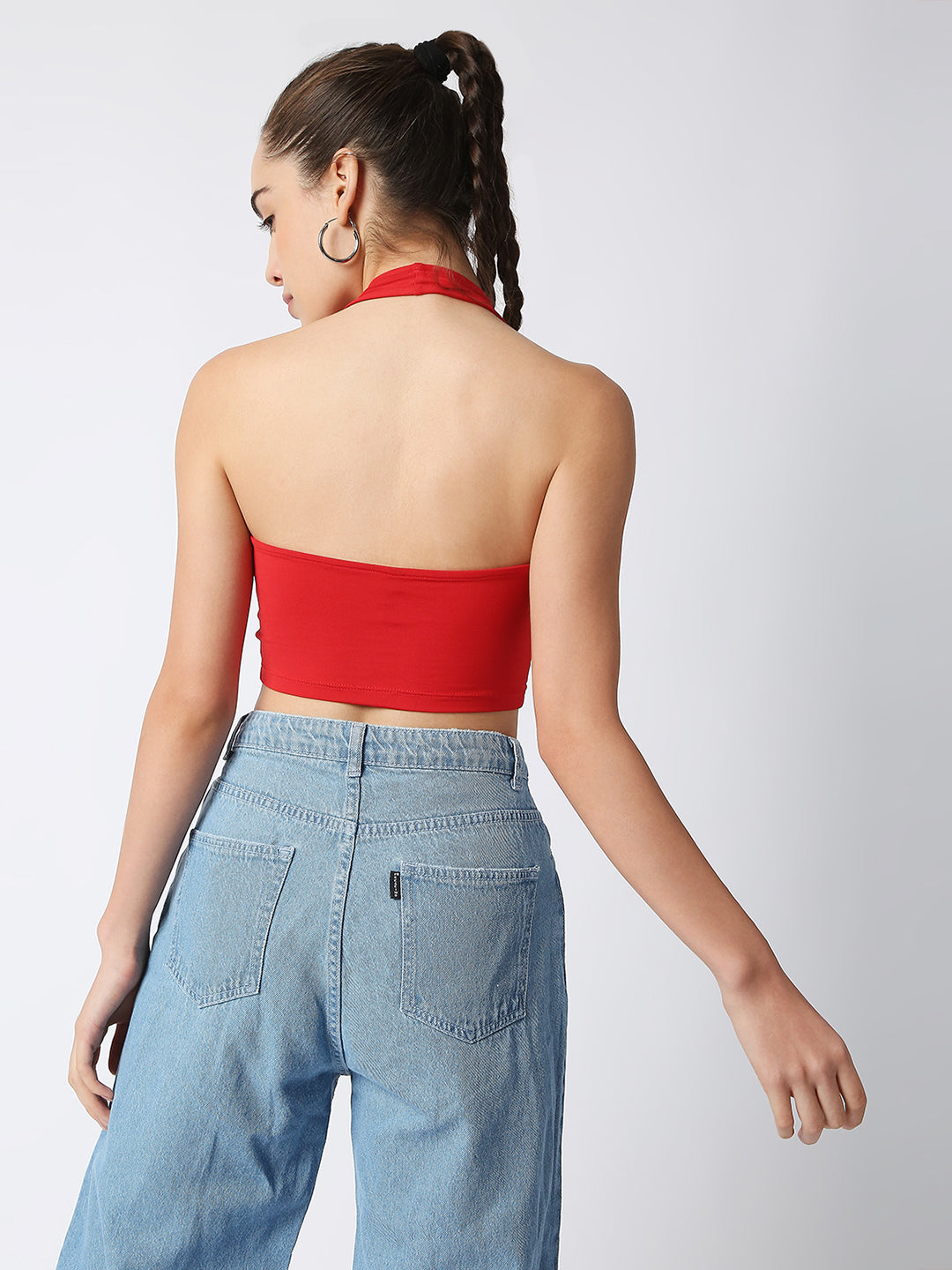 Disrupt Women Red Front Drawstring Halter V Neck Black Slim Fit Crop Top