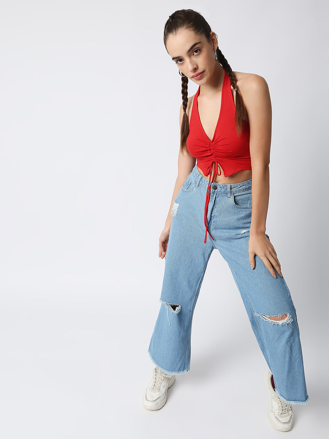 Disrupt Women Red Front Drawstring Halter V Neck Black Slim Fit Crop Top