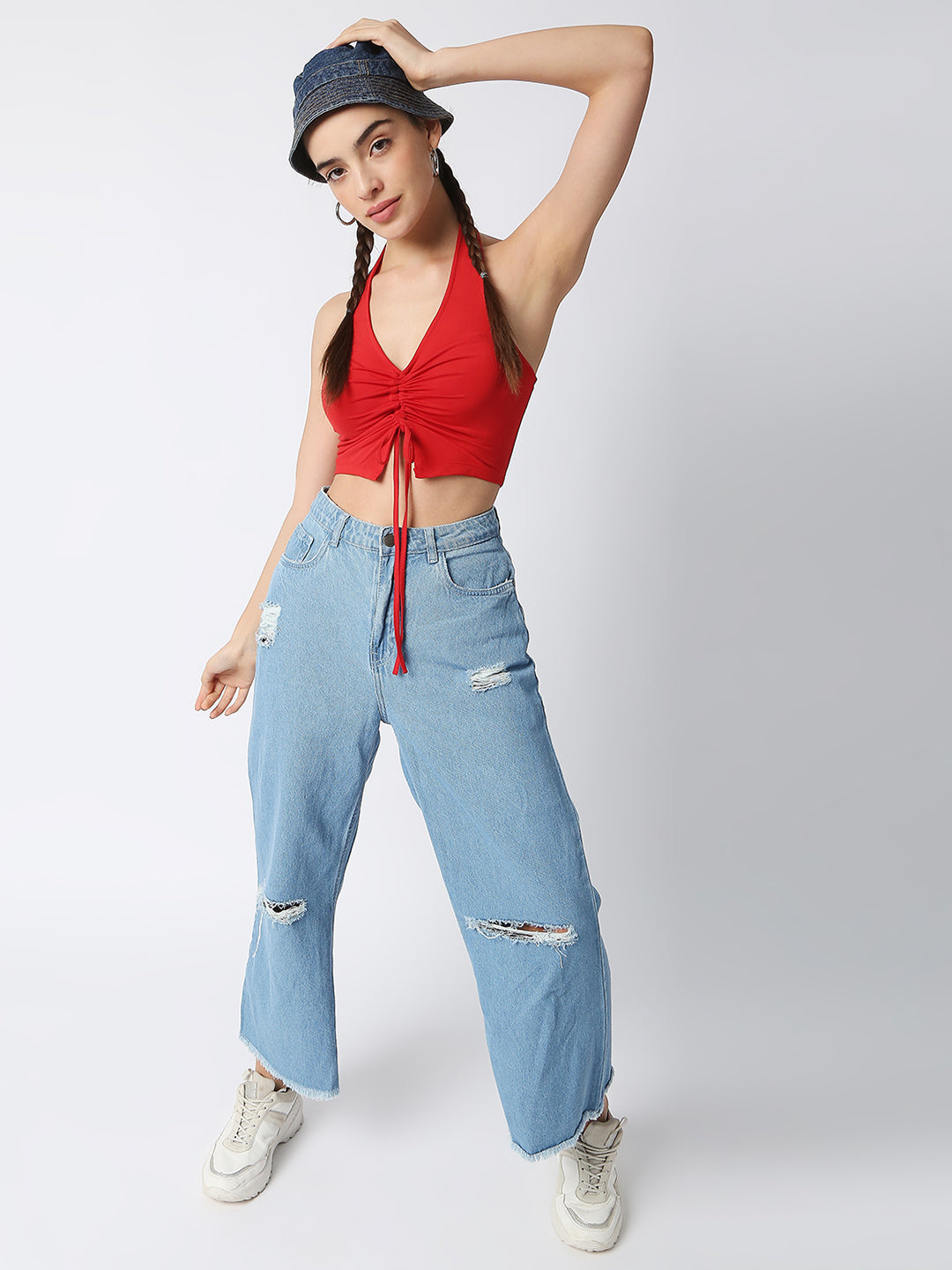 Disrupt Women Red Front Drawstring Halter V Neck Black Slim Fit Crop Top
