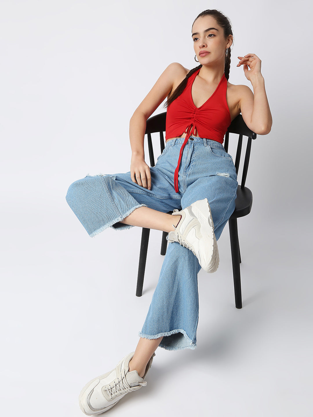 Disrupt Women Red Front Drawstring Halter V Neck Black Slim Fit Crop Top