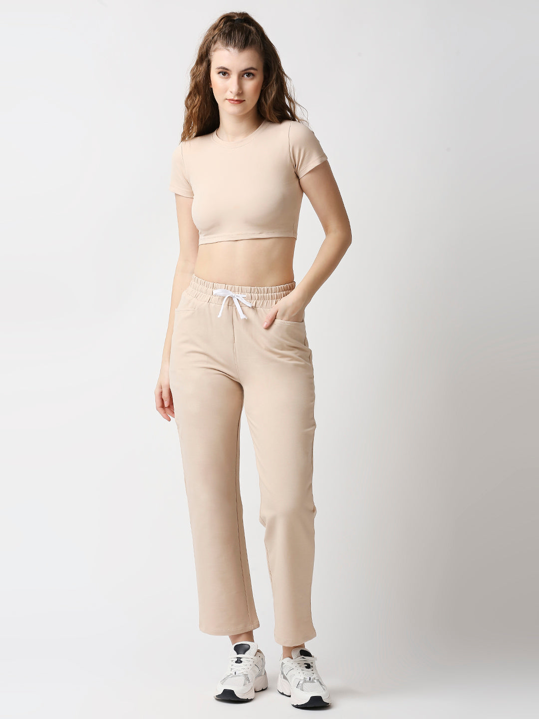 Disrupt Women Beige Straight Pants With Crop Top Co-rd Set (2pc)