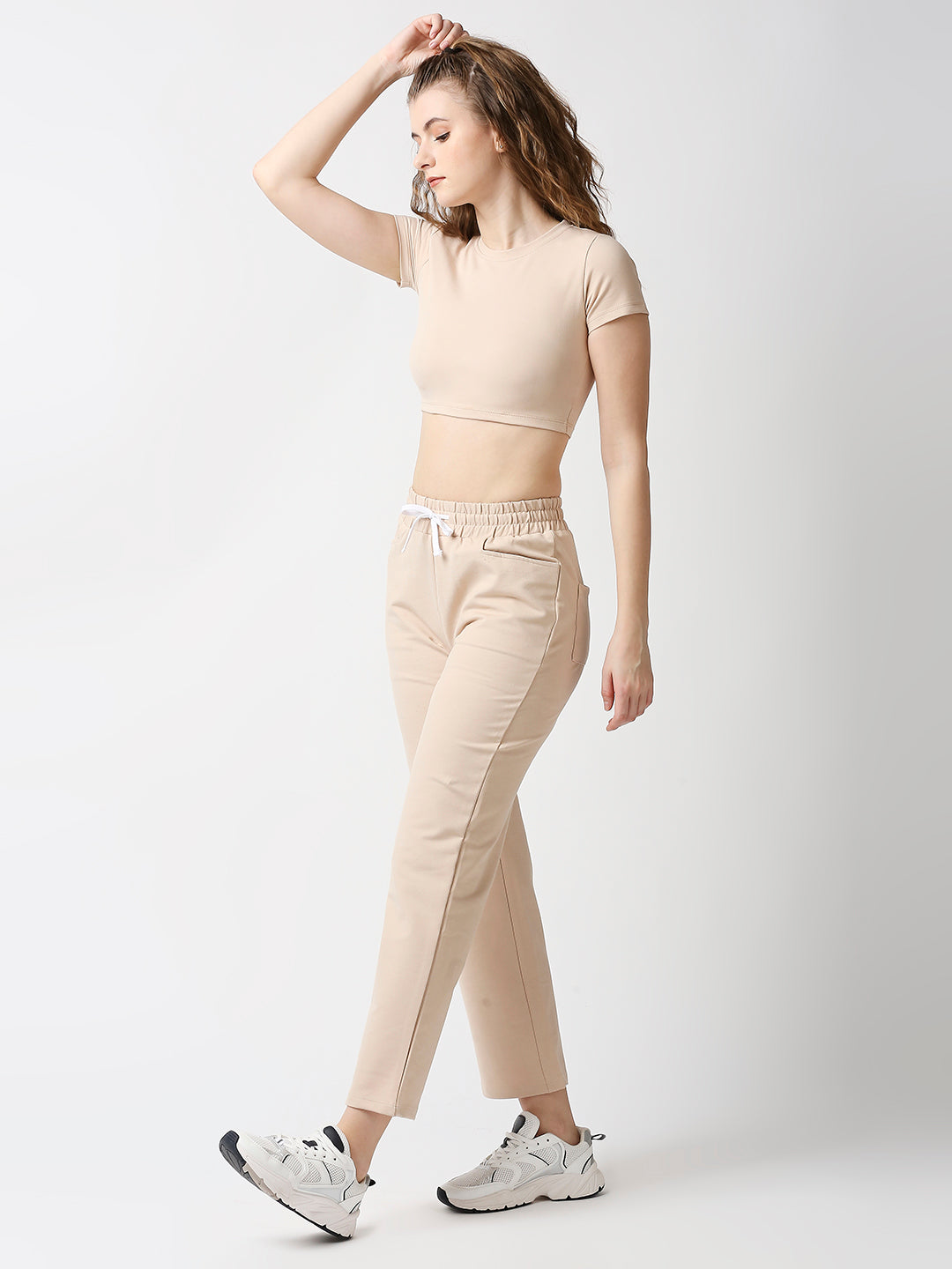 Disrupt Women Beige Straight Pants With Crop Top Co-rd Set (2pc)