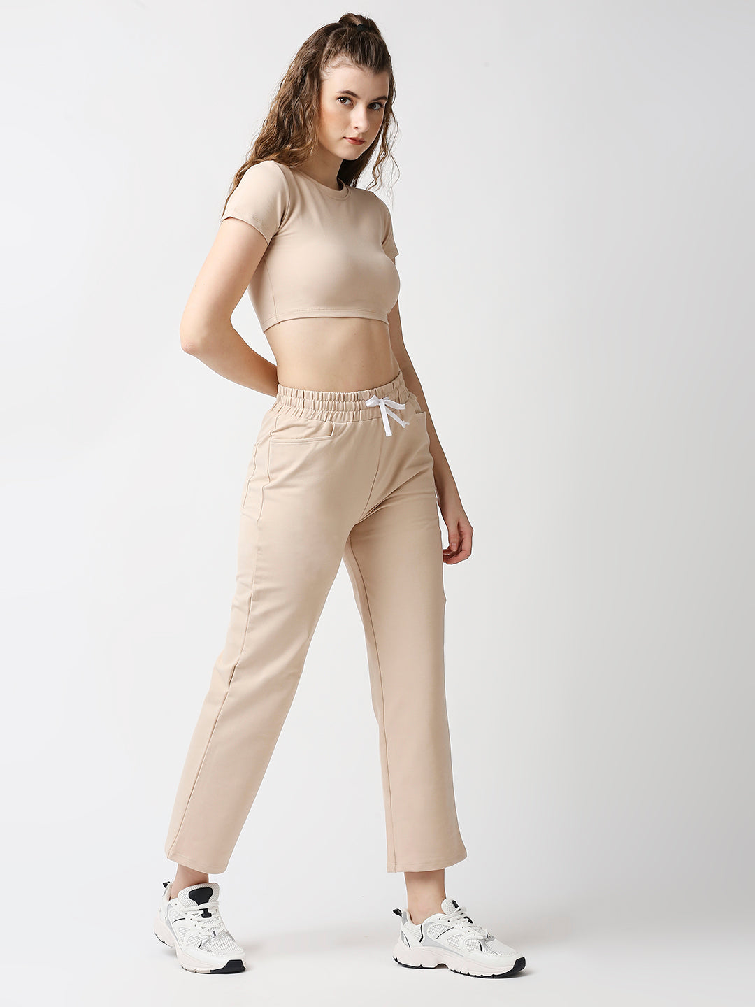 Disrupt Women Beige Straight Pants With Crop Top Co-rd Set (2pc)