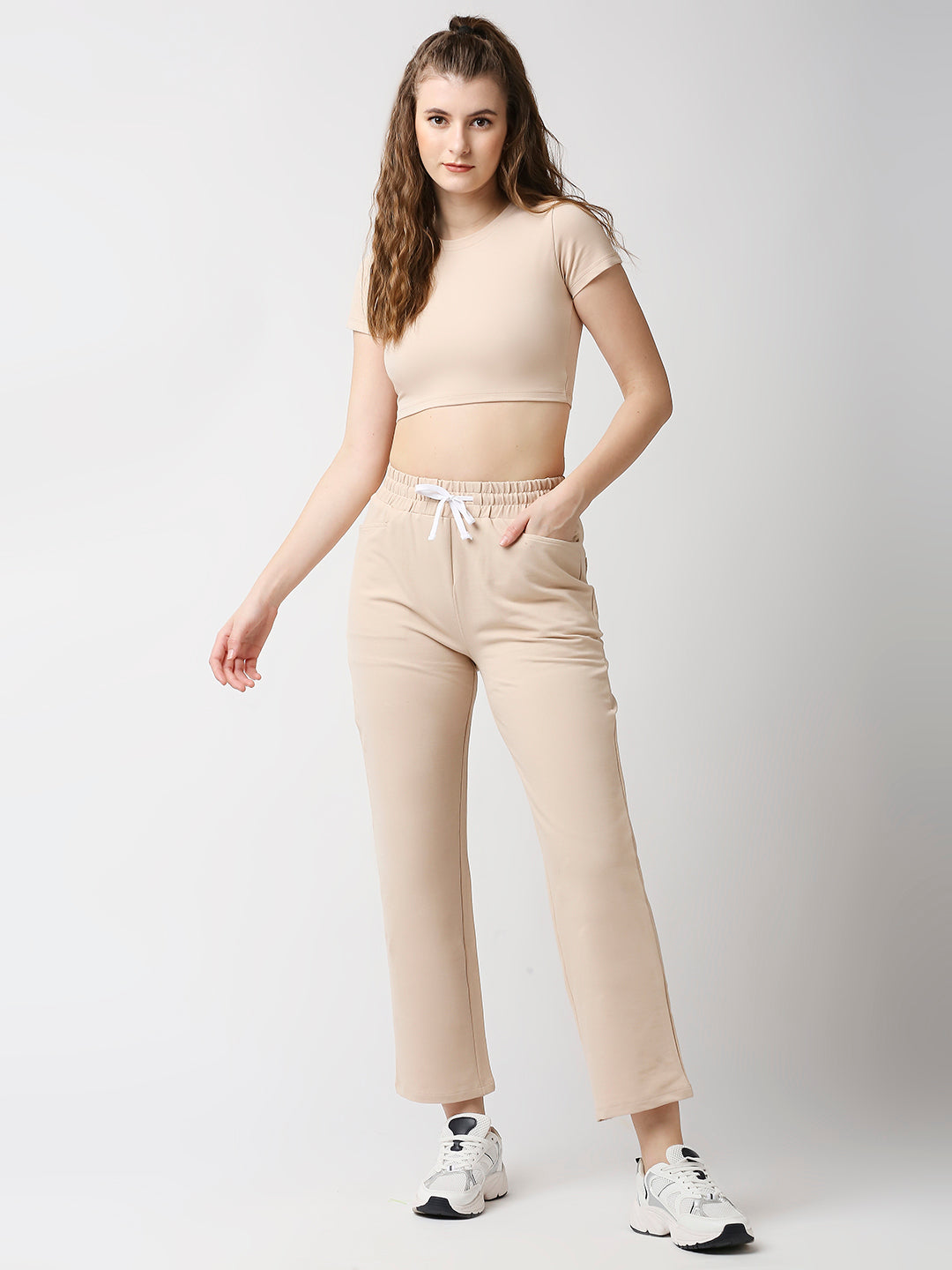 Disrupt Women Beige Straight Pants With Crop Top Co-rd Set (2pc)