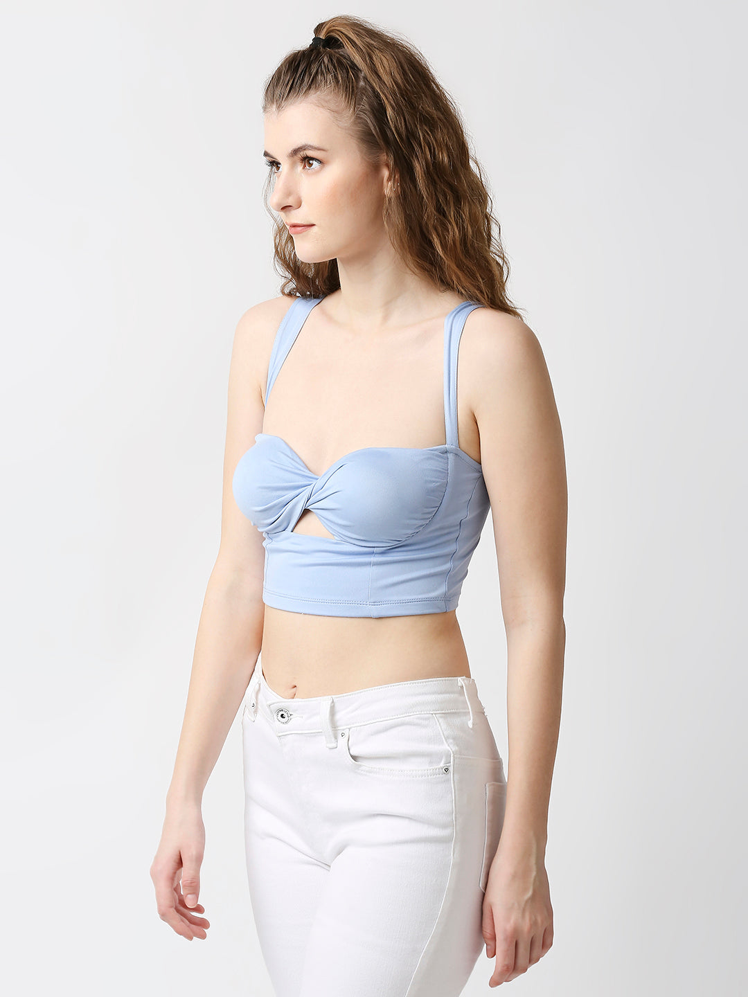 Disrupt Women Blue Twisted Strappy Slim Fit Crop Top With Cups