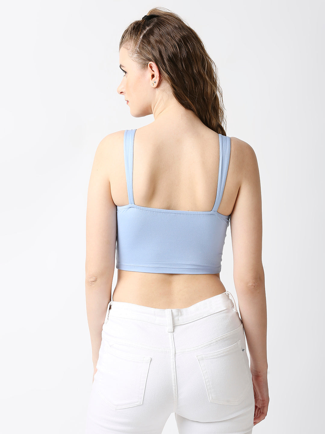 Disrupt Women Blue Twisted Strappy Slim Fit Crop Top With Cups
