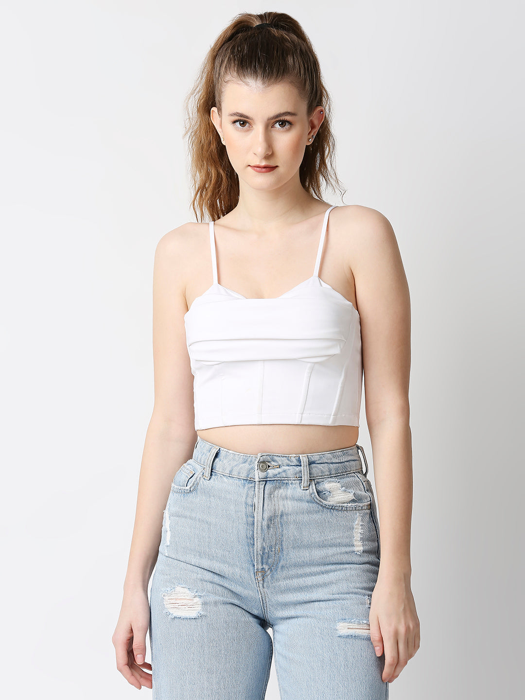 Disrupt Women White Corset Draped Slim Fit Padded Crop Top