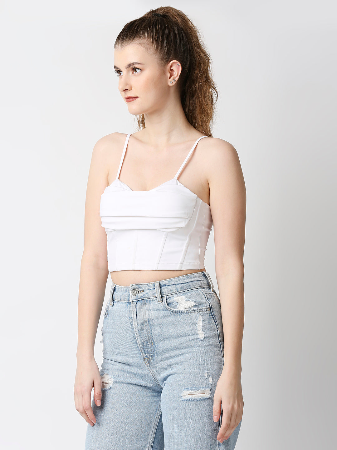 Disrupt Women White Corset Draped Slim Fit Padded Crop Top