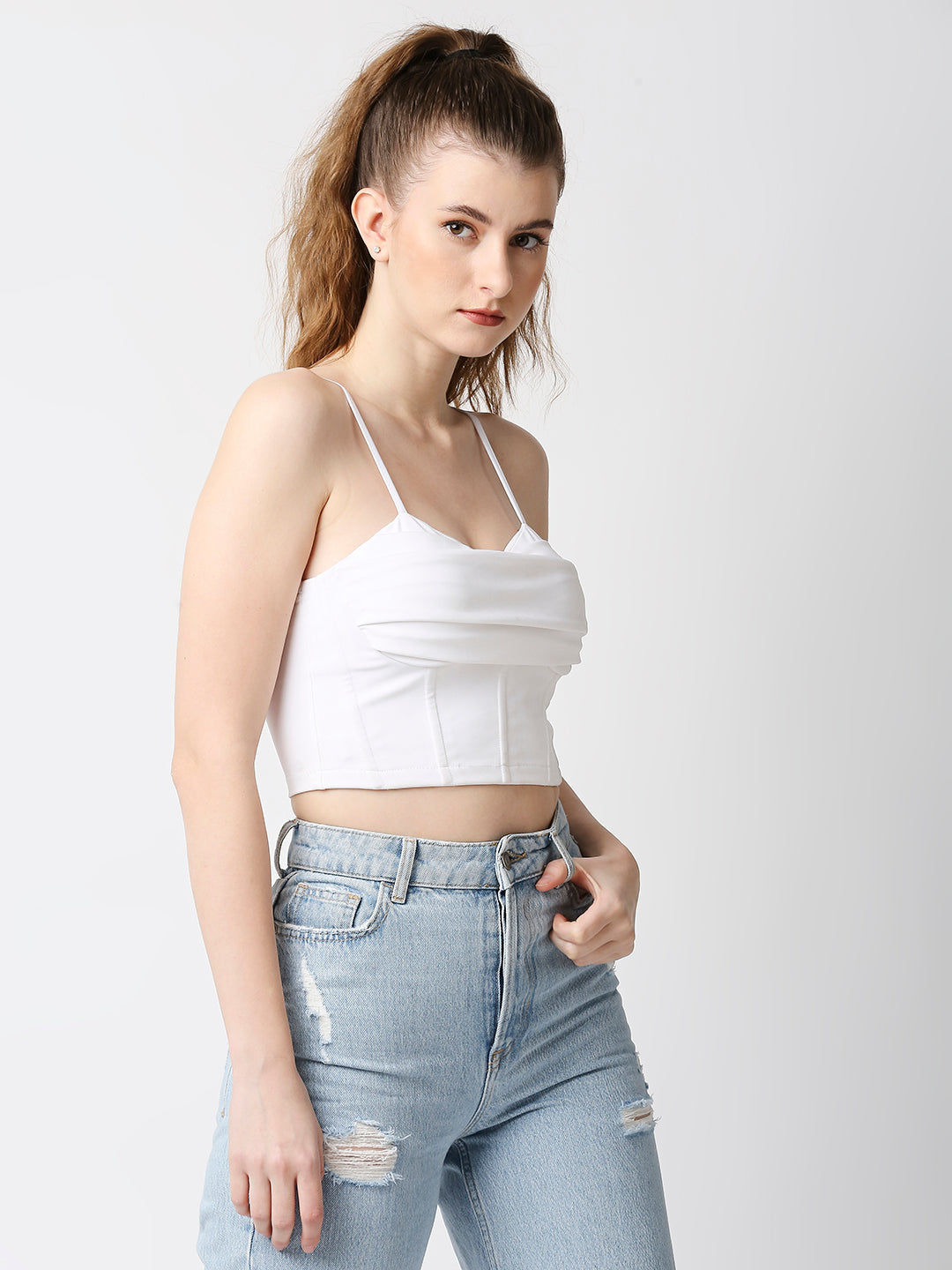 Disrupt Women White Corset Draped Slim Fit Padded Crop Top