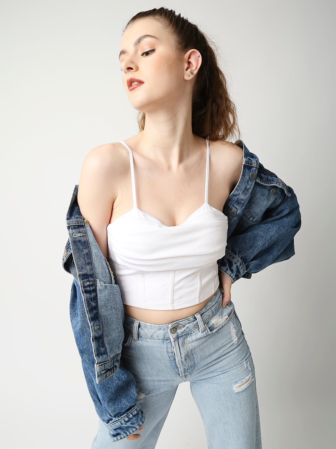 Disrupt Women White Corset Draped Slim Fit Padded Crop Top