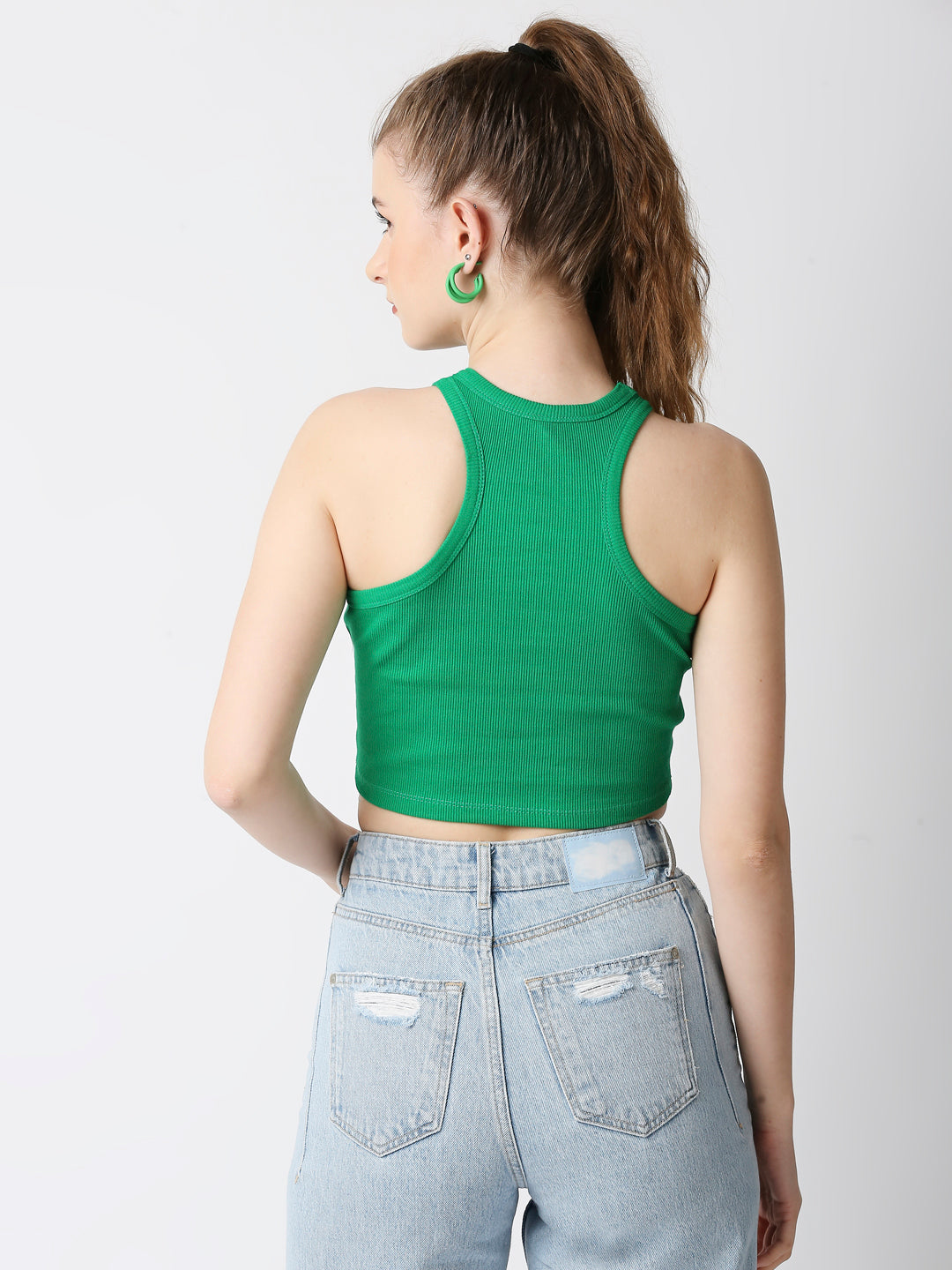 Disrupt Women Ribbed Green Slim Fit Racer Back Crop Top