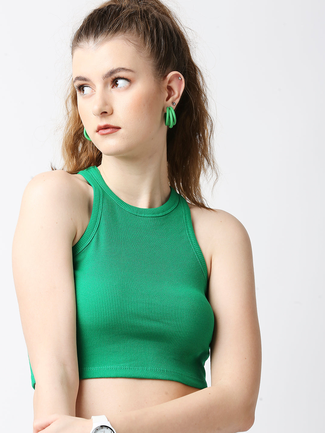 Disrupt Women Ribbed Green Slim Fit Racer Back Crop Top