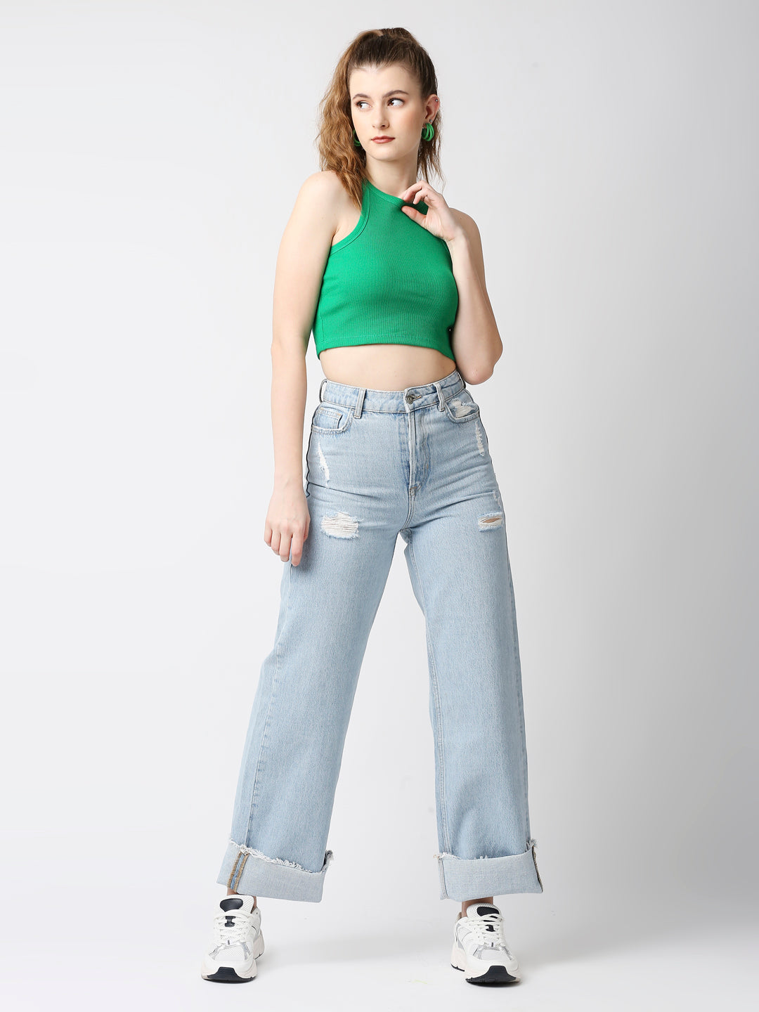 Disrupt Women Ribbed Green Slim Fit Racer Back Crop Top