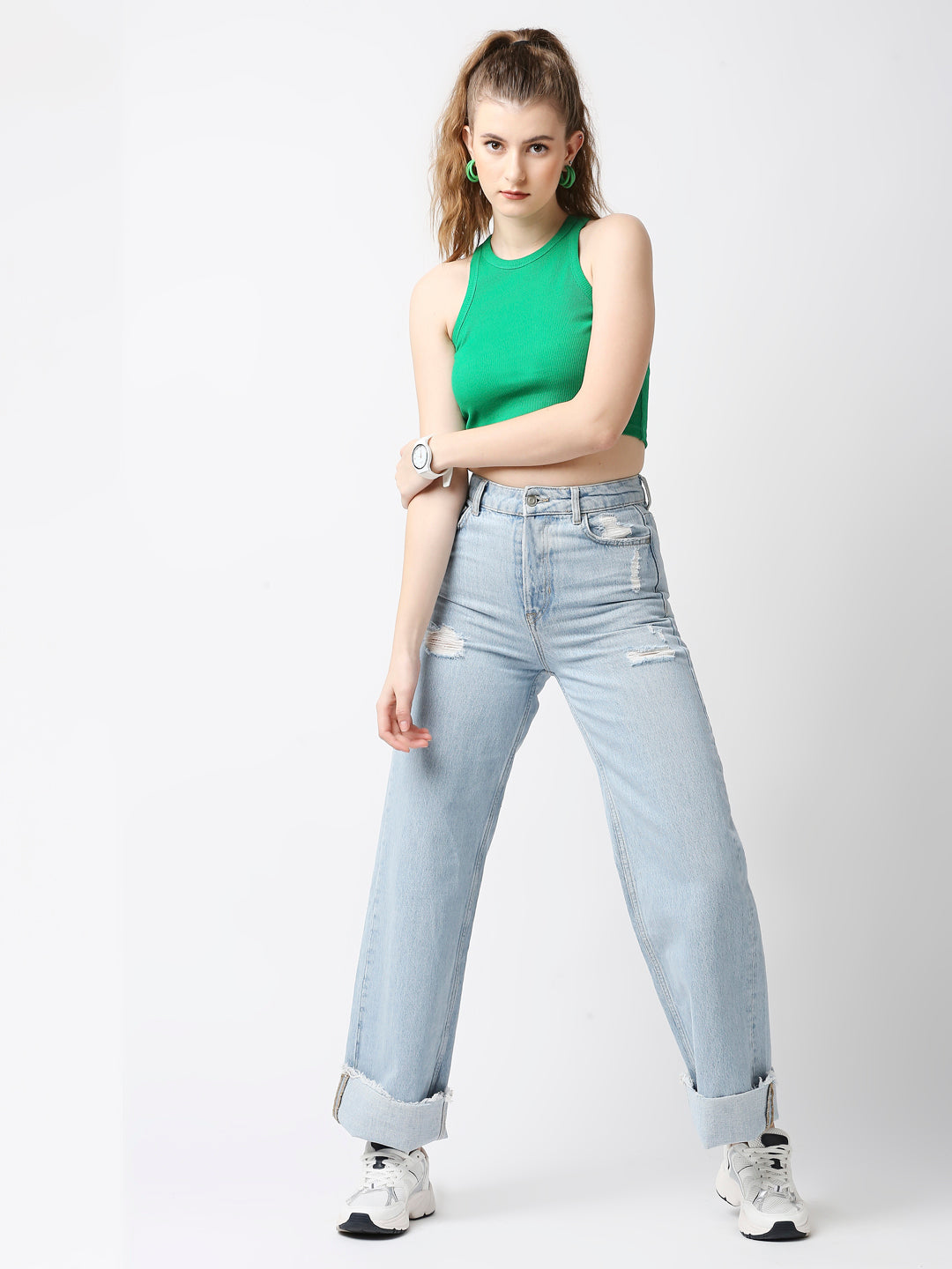Disrupt Women Ribbed Green Slim Fit Racer Back Crop Top