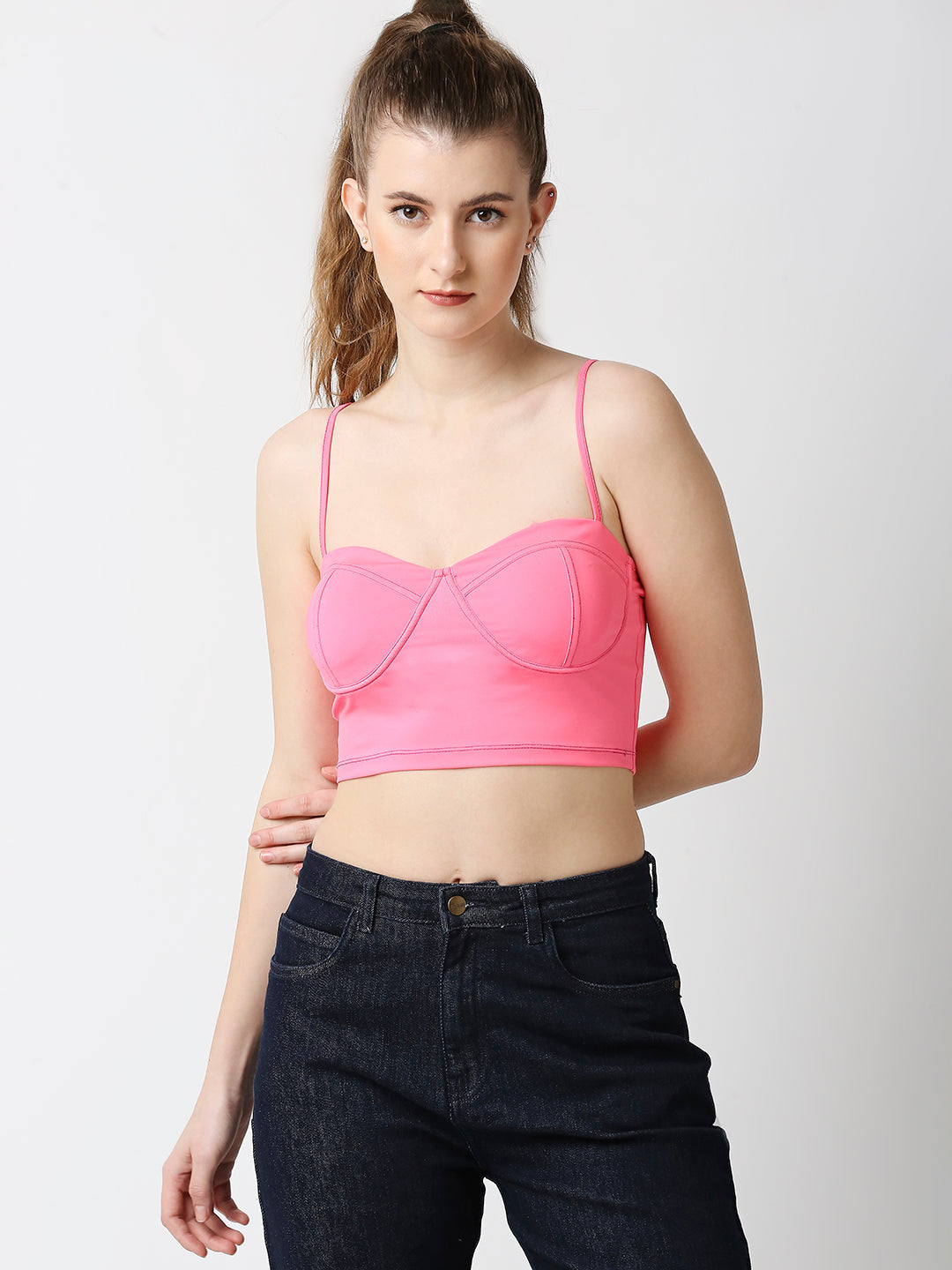 Disrupt Women Neon Pink Slim Fit Crop Bustier With Cups