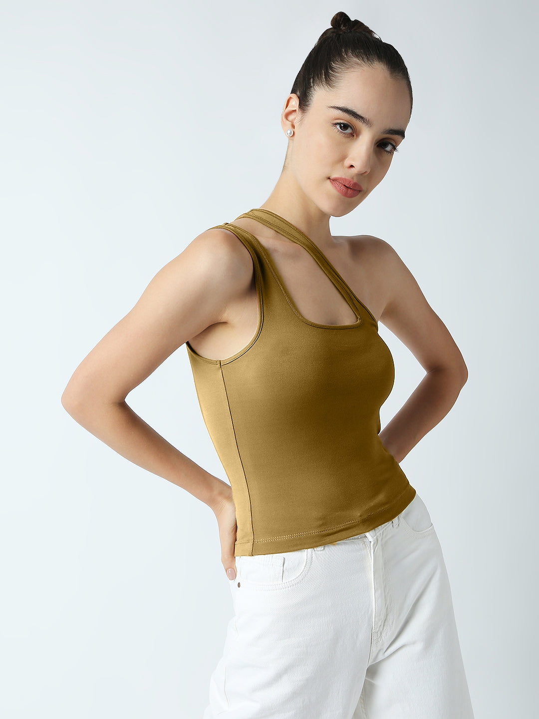 Disrupt Women Olive One-Shoulder Cut-Out Square Neck Slim Crop Top