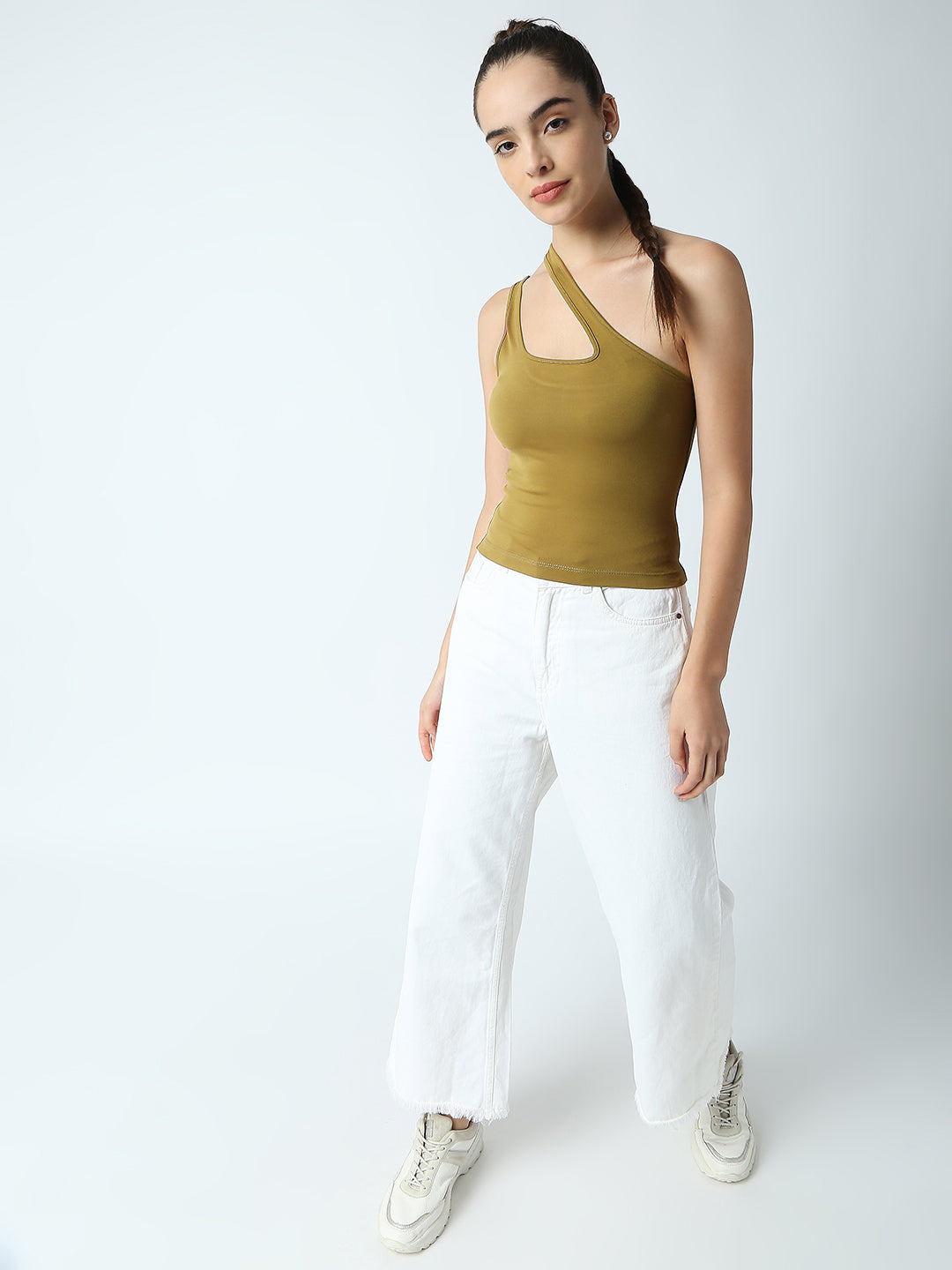 Disrupt Women Olive One-Shoulder Cut-Out Square Neck Slim Crop Top