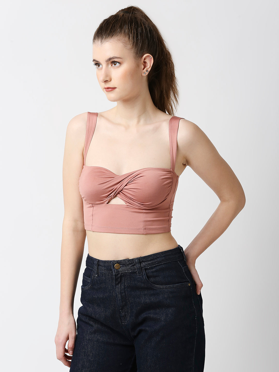 Disrupt Women Rose Mauve Twisted Strappy Slim Fit Crop Top With Cups
