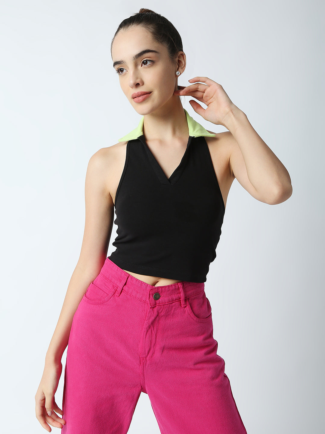 Disrupt Women Black Collared Halter V Neck Black Slim Fit Crop Top