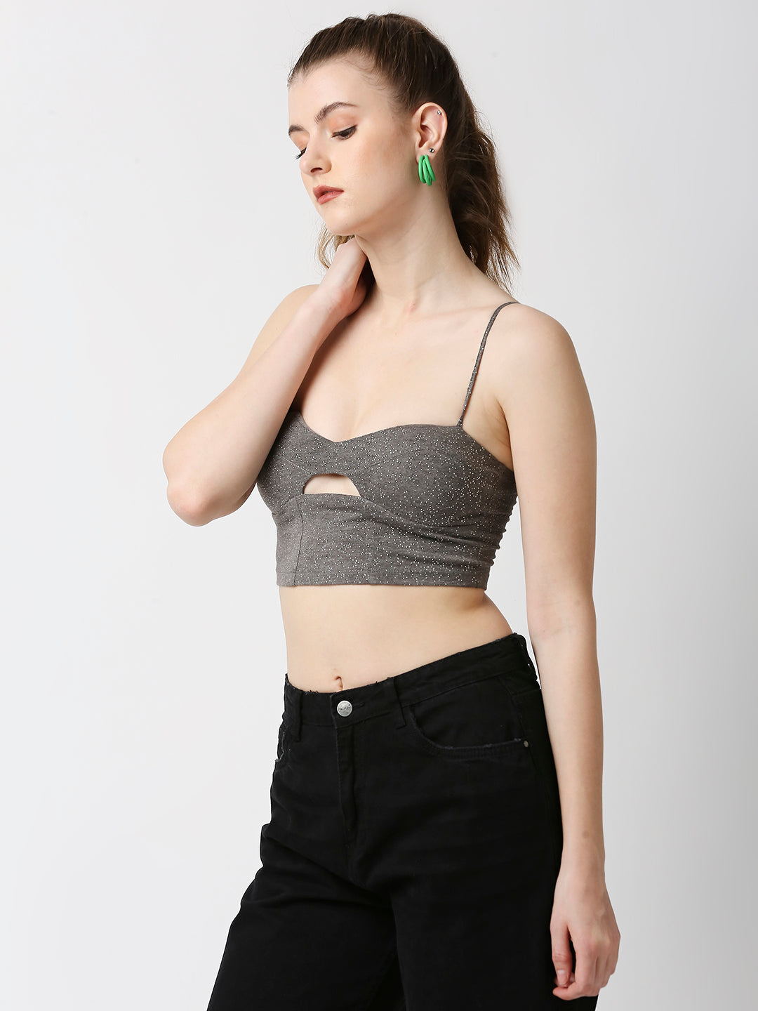 Disrupt Women Grey Studded Cut-Out Spaghetti Slim Fit Crop Top With Cups