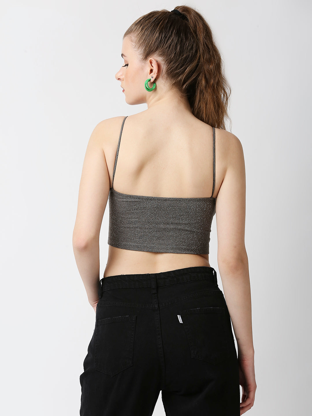 Disrupt Women Grey Studded Cut-Out Spaghetti Slim Fit Crop Top With Cups