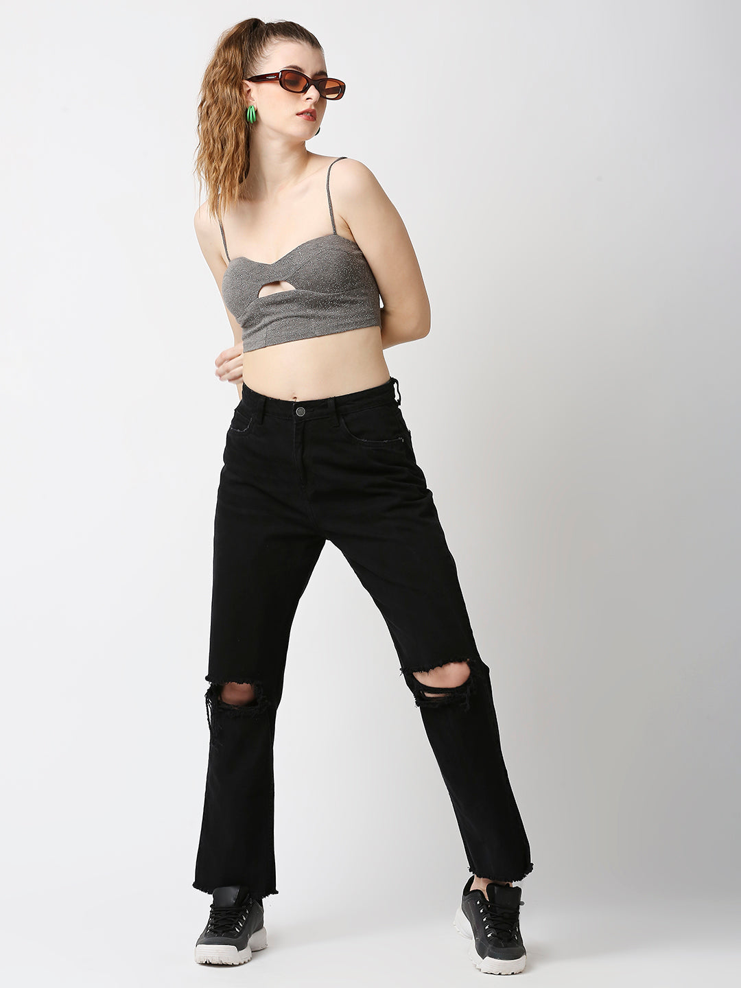 Disrupt Women Grey Studded Cut-Out Spaghetti Slim Fit Crop Top With Cups