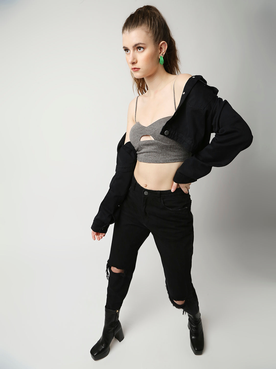 Disrupt Women Grey Studded Cut-Out Spaghetti Slim Fit Crop Top With Cups